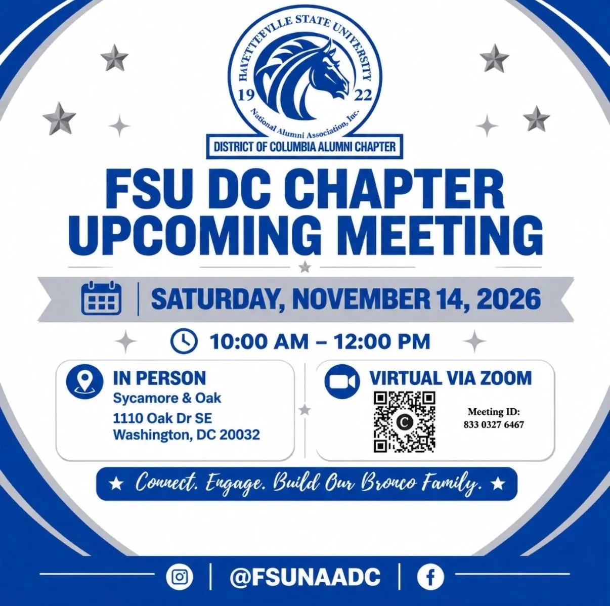 Flyer for the FSU DC Chapter November 14, 2026 meeting with in-person and virtual options
